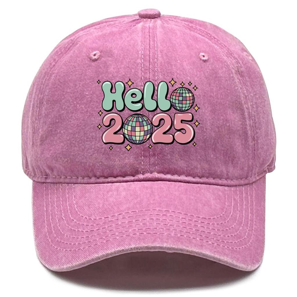 HELLO 2025" Disco Ball Print Snapback Sun Hat, Sports Hat Unisex Trendy Raw Brim Sunshade Adjustable Baseball Hat