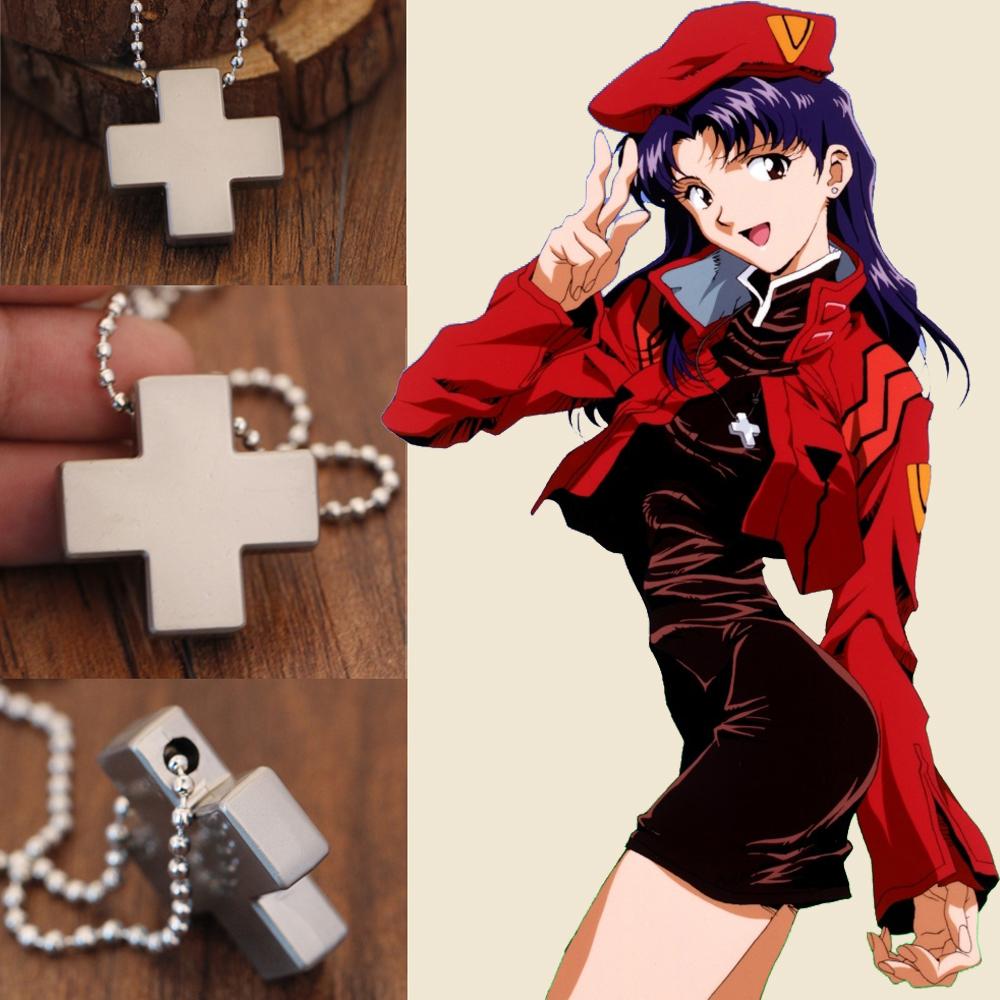 Stainless Steel Cross Pendant Anime EVA Katsuragi Misato Necklace for Women Cosplay Jewelry Beads Chain Charms Amulet Necklaces