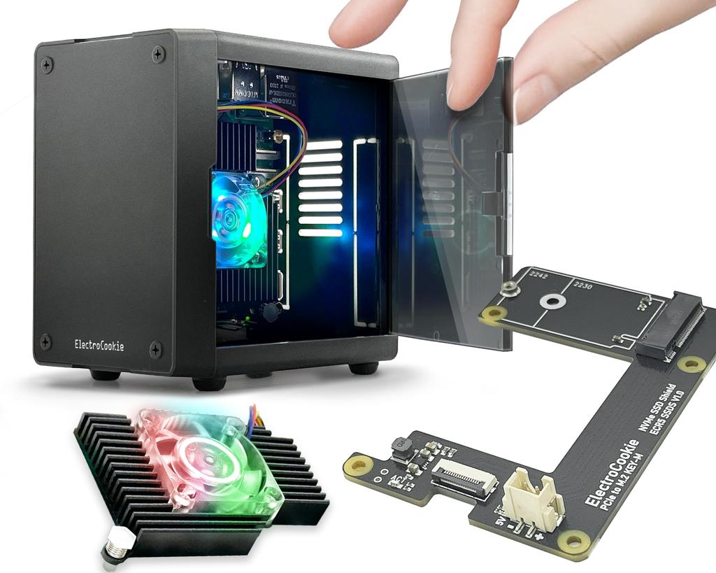 ElectroCookie Mini PC Case for Raspberry Pi 5 NVMe SSD PCIe HAT Active RGB Lighting Cooler Case HAT M.2 & (Black + M.2 [ECR5 SSDS])