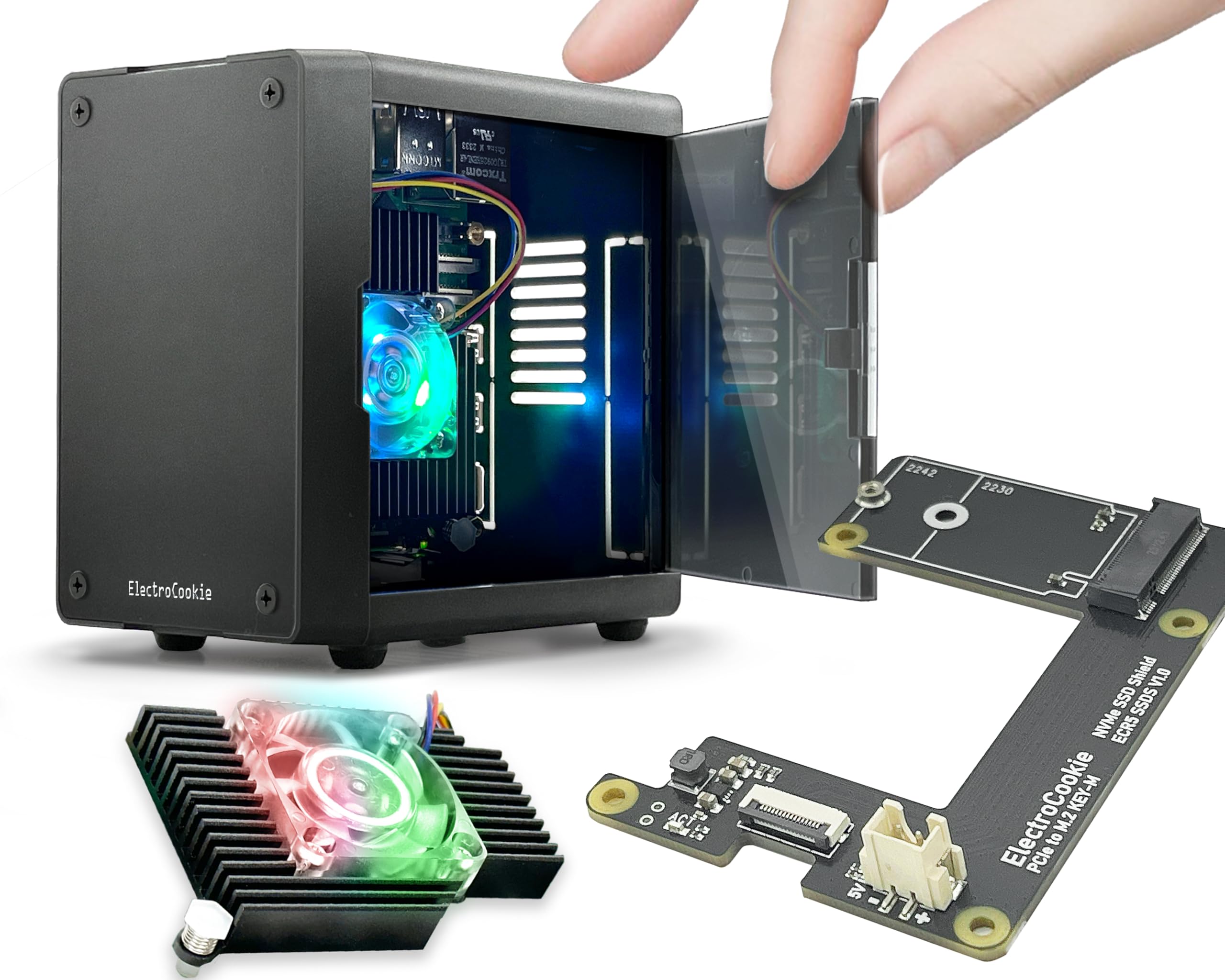 

ElectroCookie Mini PC Case for Raspberry Pi 5 NVMe SSD PCIe HAT Active RGB Lighting Cooler Case HAT M.2 & (Black + M.2 [ECR5 SSDS])