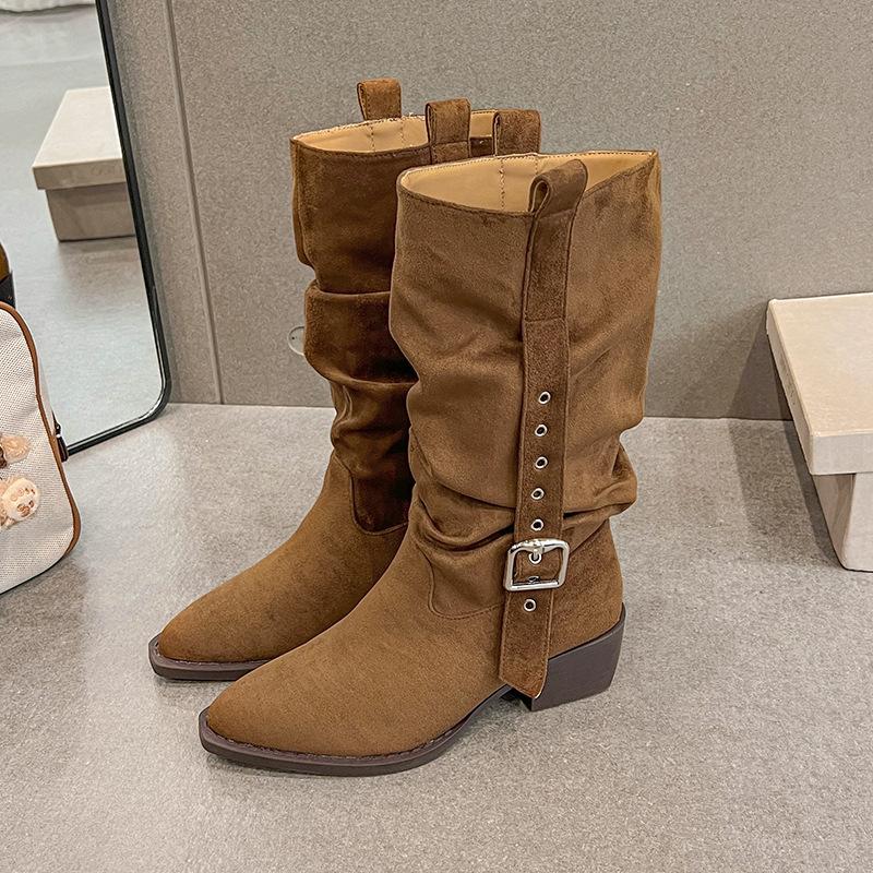 

Cow velvet~ Western cowboy boots women s small short boots pointed boots stacking boots wasteland wind thin boots medium boots 40 коричневый