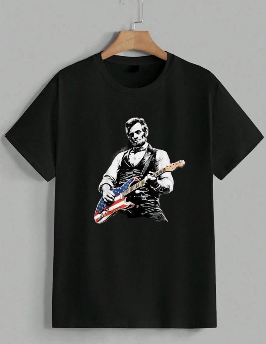 Abraham Lincoln Playing USA Flag Electric Guitar Funny Graphic T-Shirt Unisex L