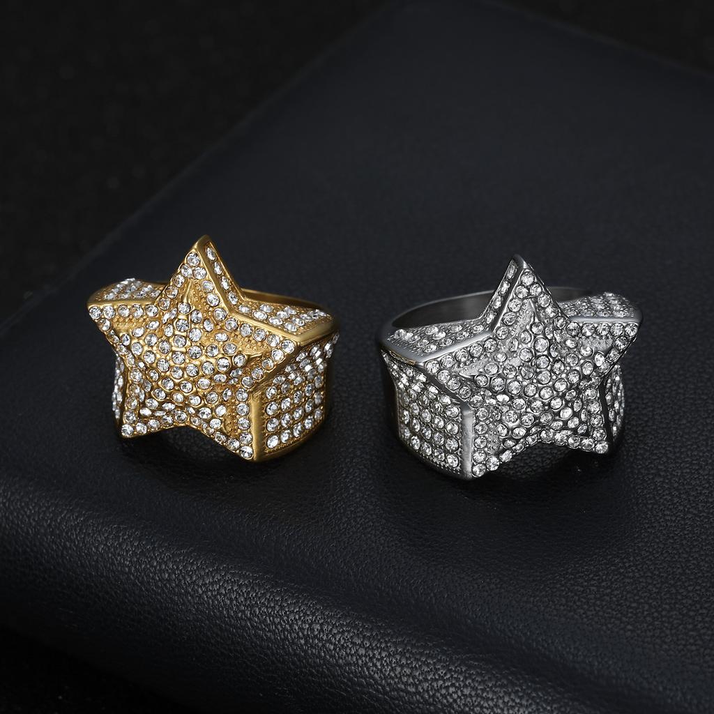New Hip-Hop Trendy Fashion Light Luxury Ring Personality Domineering Titanium Steel Inlaid Diamond Five-Pointed Star Ring