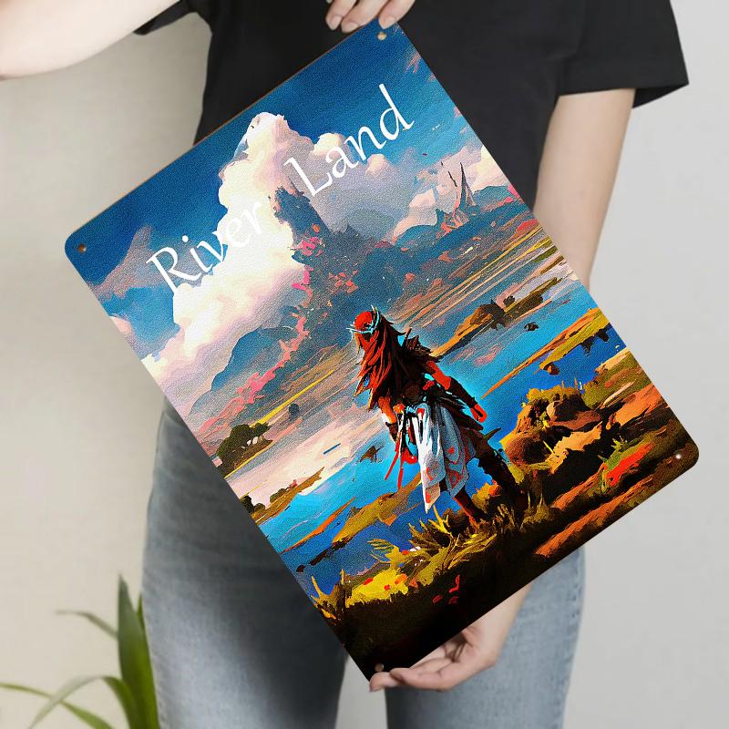 

River Land Fantasy Art Metal Wall Decor Red Haired Warrior Landscape Painting Home Decoration 20x30cm（7.8x11.8inch）