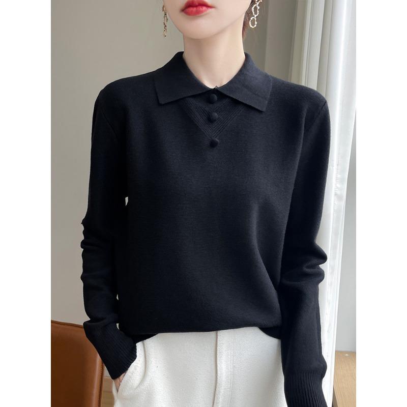 Age-reducing Lapel-neck Knitted Sweater Women's Long-sleeved Loose Early Autumn Bottoming Shirt Top Button-embellished PO Collar Inner Sweater