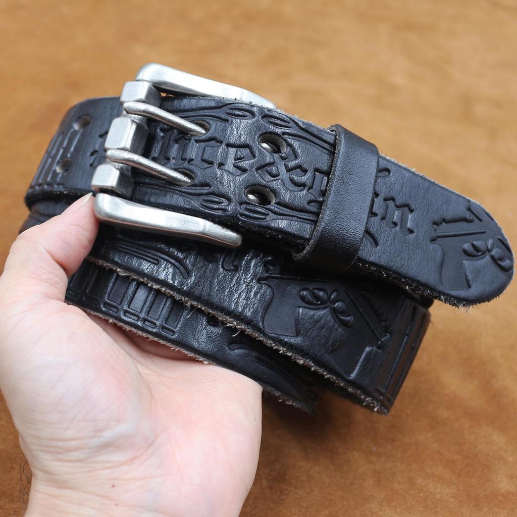 Herren Verdickter Ledergürtel mit doppelter Dornschließe - Echtes geprägtes Rindsleder, Retro Casual Stil für Jeans