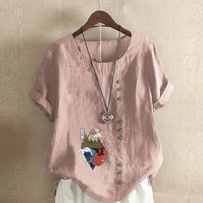 Damenmode Rundhals Kurzarm T-Shirt Lässig Baumwolle Leinen Grafikshirt Freizeit Locker Flame Mountain Bedruckt Sommerbluse Tops