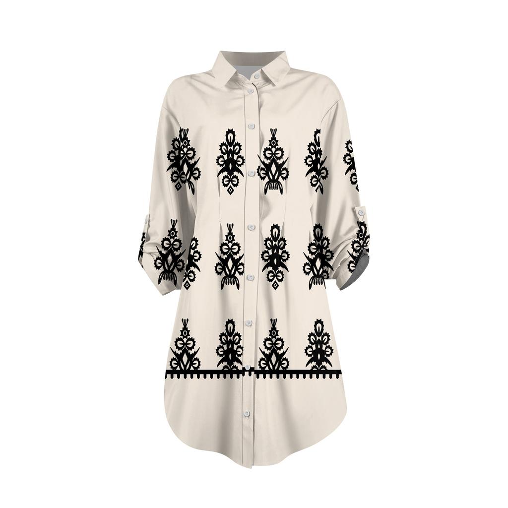 Women's Loose-fitting V-neck Long-sleeved Dress Print Work Shirt Dress
