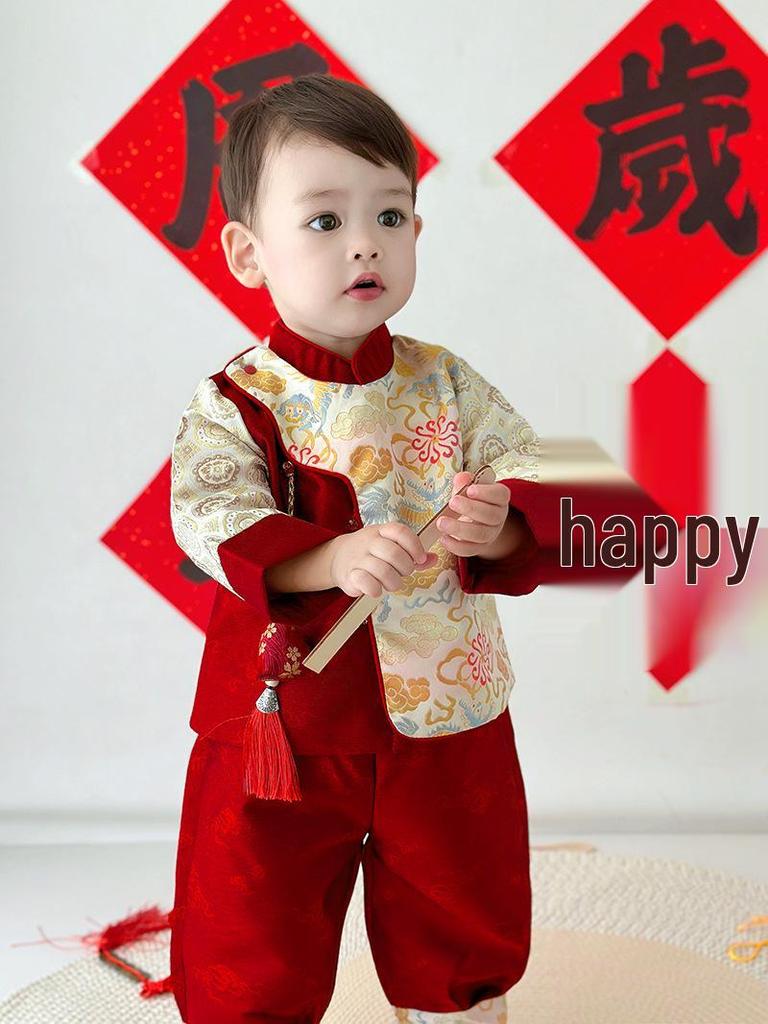 Boys' Hanfu Set 2025 - Festive Baby Tang Suit for First Birthday