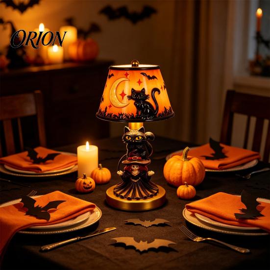 Decorative Resin Lamp Halloween Vintage Table Lamp, Retro Pumpkin Skeleton Black Cat Warm Yellow Atmosphere Light Night Light, Gothic Bedside