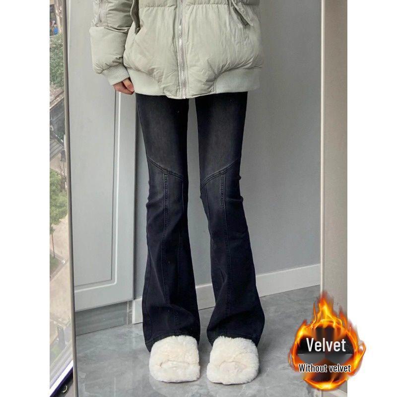 Retro Black High-Waisted Micro-Flare Velvet Jeans for Women - Trendy, Slim-Fit, Elastic Winter Pants
