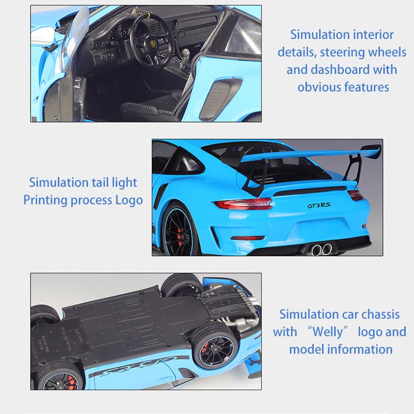 Model auta z lehké slitiny v měřítku 1/18 Welly Porsche 911 GT3 RS litý kovový model autíčka na hraní Model auta s vysokou simulací kolekce Dětské dárky