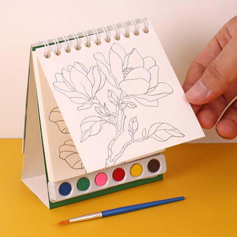 1 Set Desktop Ornament Coil Vertical Watercolor Painting Diy Watercolor Graffiti Book With Built-In Paint Coloring Picture Book