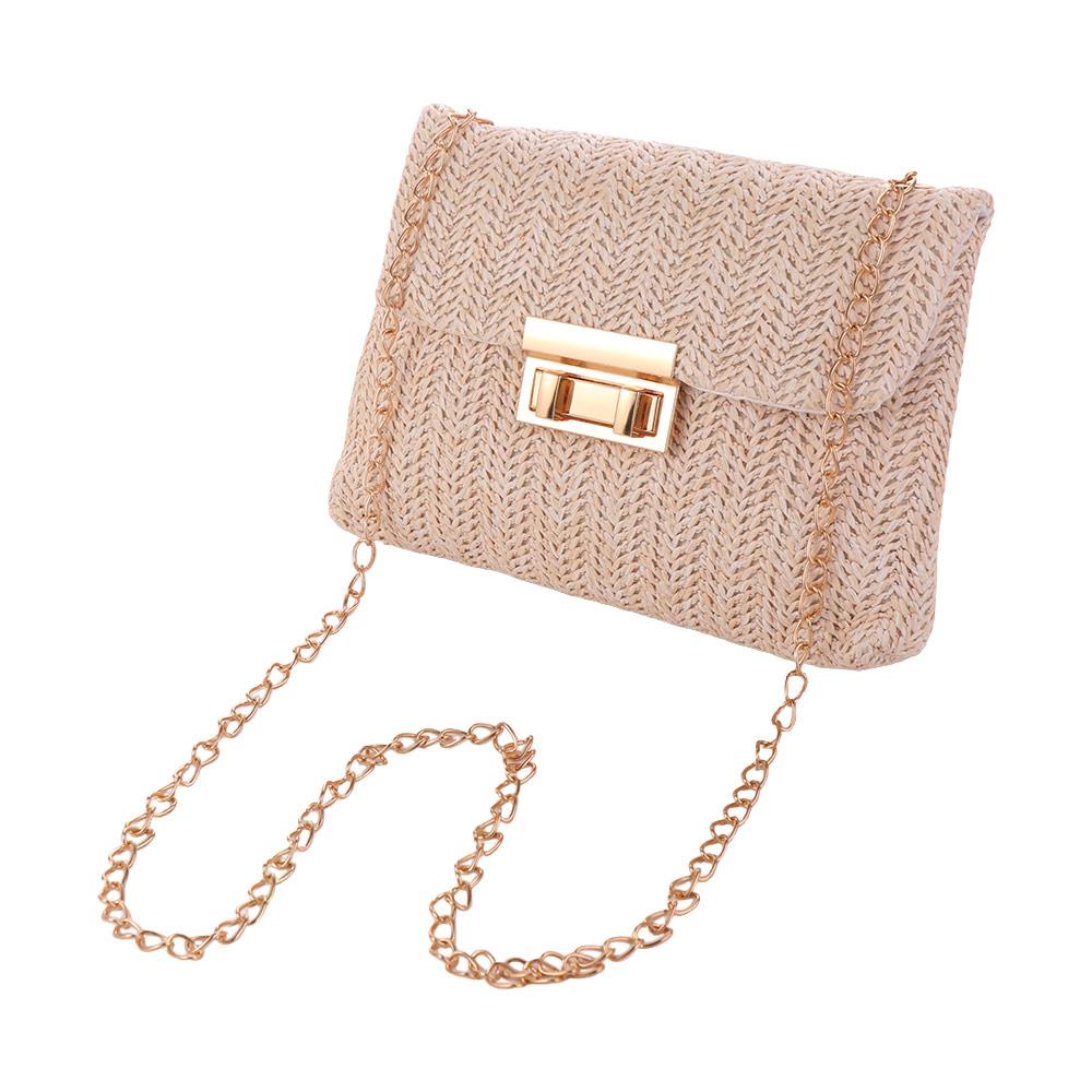 

Simple Lock Buckle Closed Straw Crossbody Bag Chain Woven Small Square Bag Messenger Bag Bohemian Beach Shoulder Bag Summer бежевый
