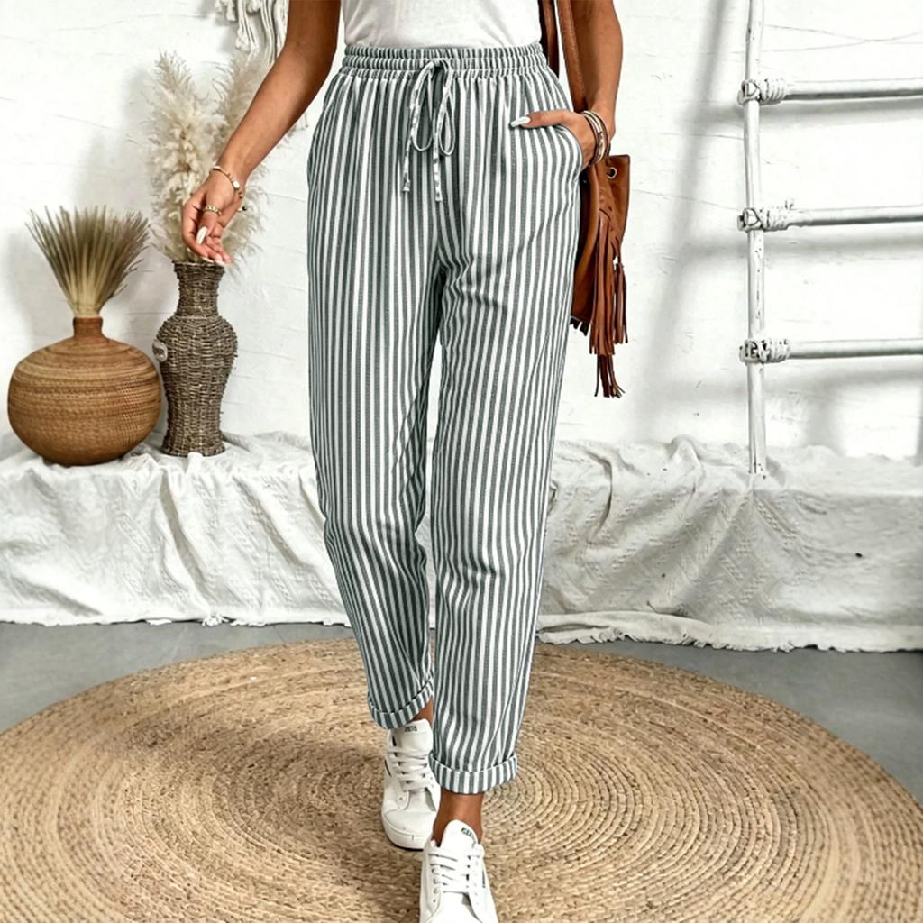 Women's Striped Drawstring Elastic Waist Casual Pants with Pockets Loose Fit