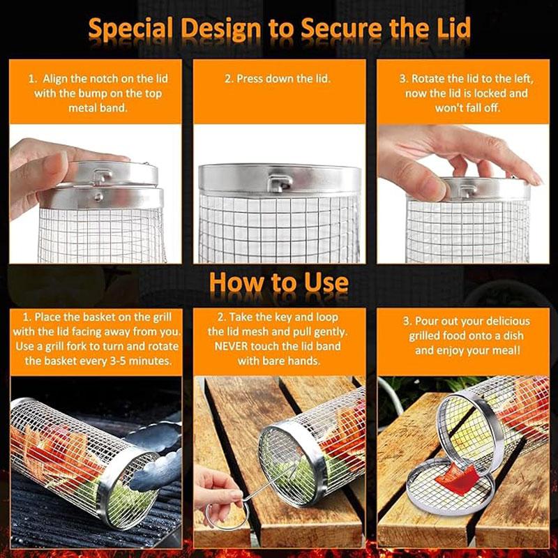 Round Barbecue Basket Stainless Steel Rolling Barbecue Basket Portable Round Outdoor Camping Barbecue Grill Vegetables, Fish