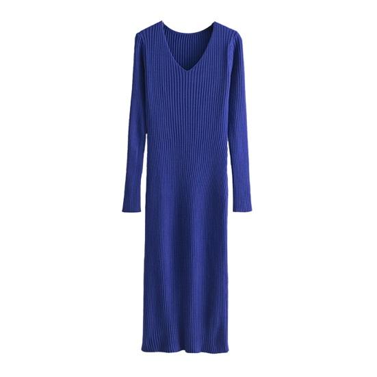 Women's Sweater Dress Fall Long Sleeve V Neck Ribbed Knit Split Long Dress Casual Bodycon Slim Fit Midi Dress