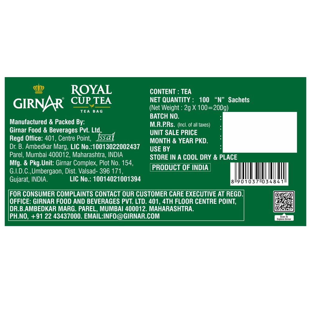 Girnar Royal Cup Black Tea Bags 100 Premium Assam Tea for Morning Brew & Chai Lovers