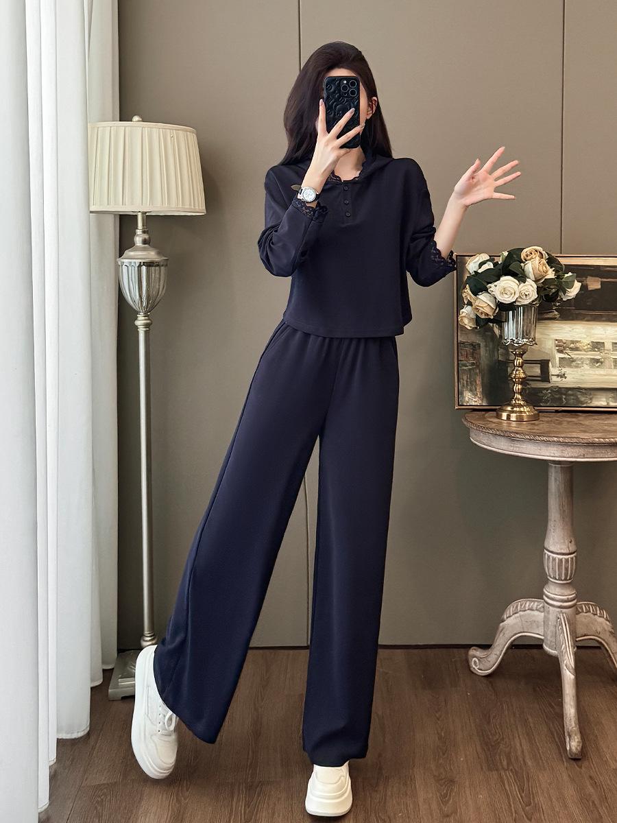 

Women s 2025 Autumn Casual Sports Set: Stylish Cropped Hoodie & Wide-Leg Pants XL темно-синий