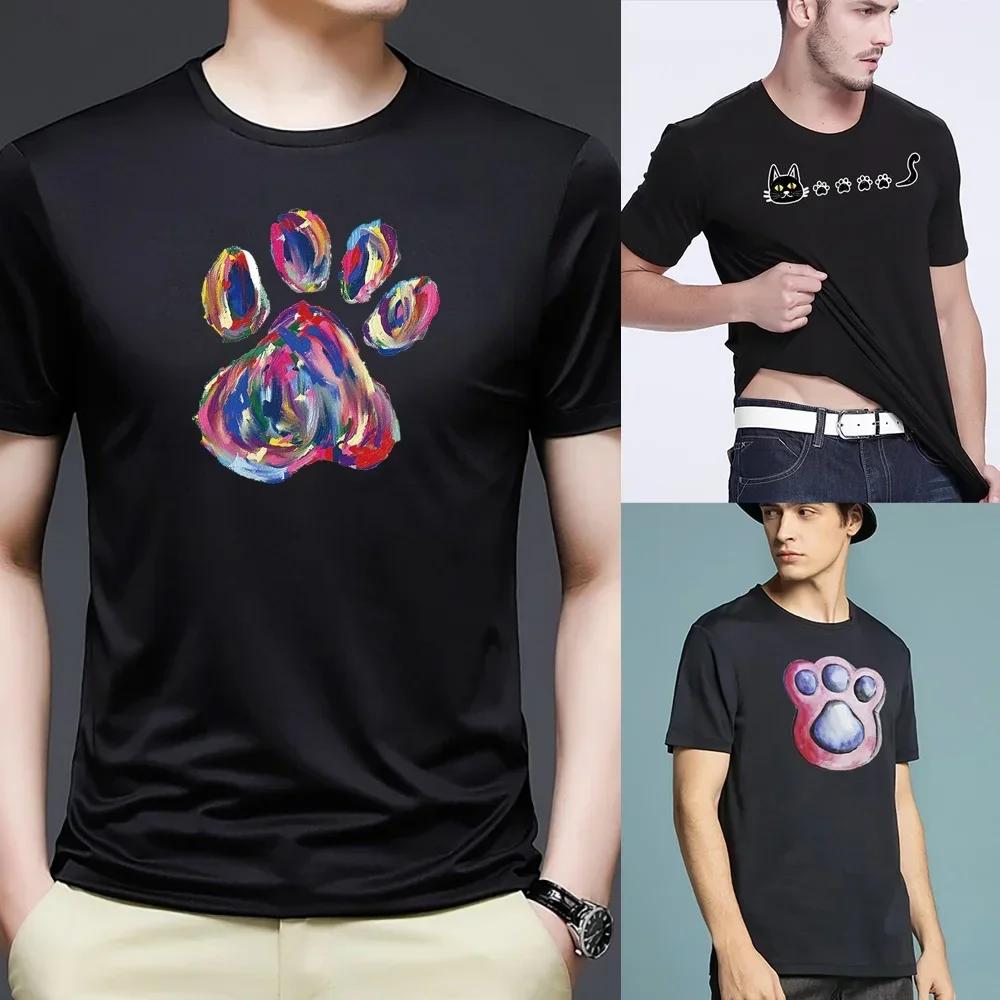 Clothes Men Harajuku T-Shirt Summer Fashion Casual O-neck T Shirts Footprints Printed Short Sleeve Top Trend Streetwear Pullover