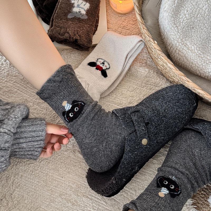 Korean Style Women's Wool Socks: Sweet Bubble Lace, Mid-calf, Cute Cartoon Design, Warm and Versatile for Autumn and Winter