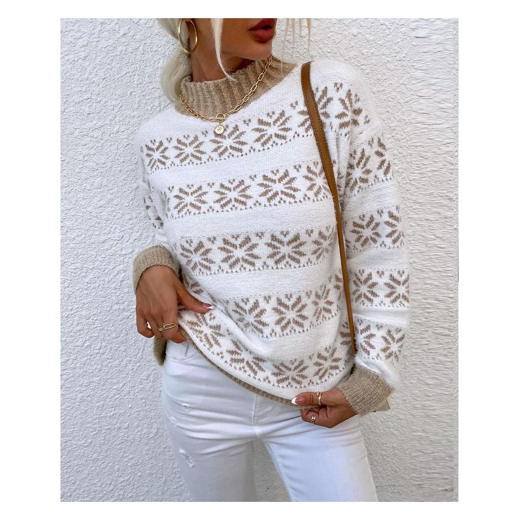 Dámský podzimní a zimní top úplet Poloviční rolák vánoční vzor sněhová vločka svetr pro ženy