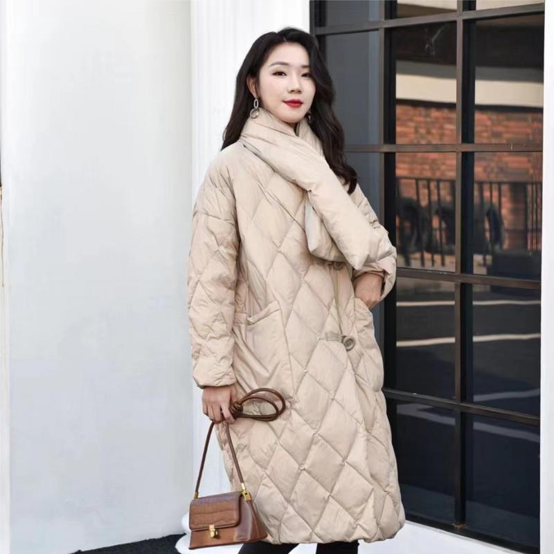 High-End-Daunenjacke für Damen im Herbst und Winter, großer, lockerer, mittellanger, weißer Entendaunenmantel mit Diamantgitter