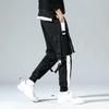 Men Cargo Pants Strap Decor Multi Pockets Loose Elastic Waist Ankle-banded Color Matching Hip Hop Streetwear Work Outdoor Trousers