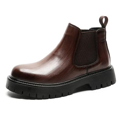 Fashion British Style Mens Round Toe Business Ankle Boots High Quality Chelsea Boots Thick Soled Genuine Leather Slip-on Outdoor Shoes