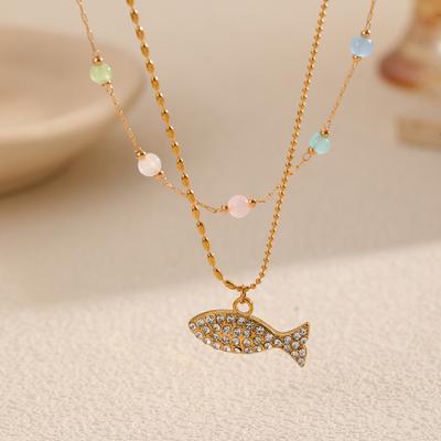 High-end Necklace Stainless Steel Small Fish Pendant Stacked Necklace Women's Natural Stone Collarbone Chain Niche