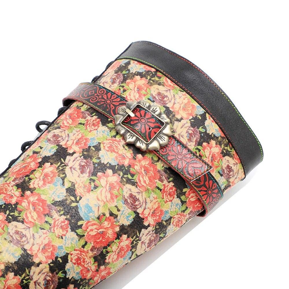 Johnature Handpainted Genuine Leather Women Long Boots Retro Floral Lace Up Belt Buckle Mid-calf Boots