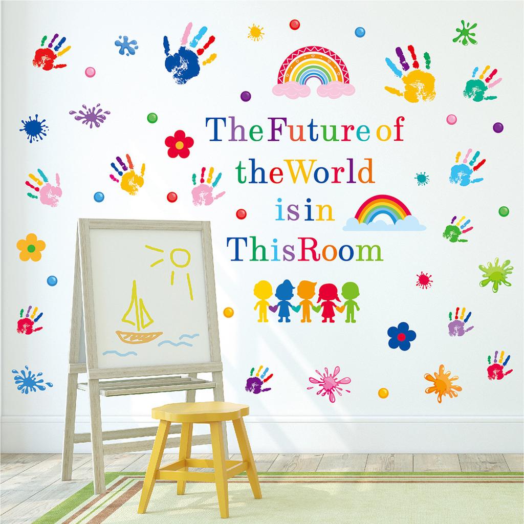 Colorful Handprint Wall Stickers Splash Water Rainbow Classroom Children's Room Starts School Season