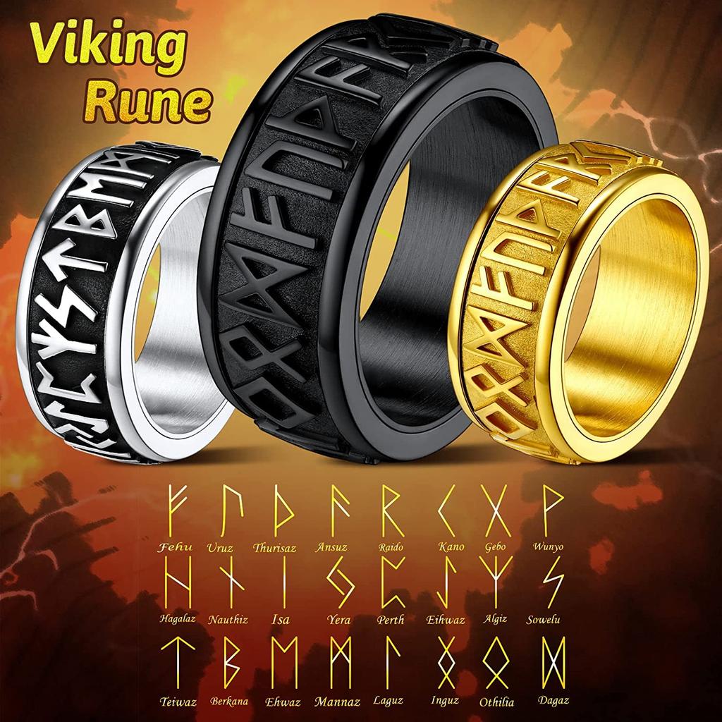 U7 Stainless Steel Norse Runes Spinner Ring for Man Black Gold Color Rotatable Band Fidget Anxiety Release Unisex Jewelry