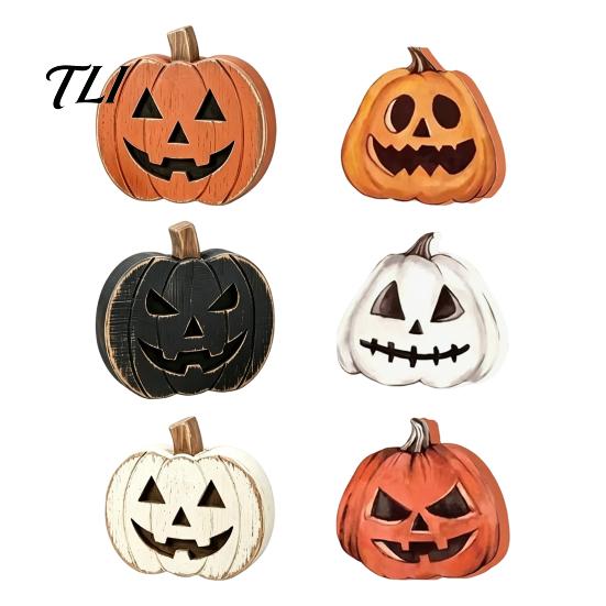 Desktop Grimace Decor 3Pcs Halloween Pumpkin Tabletop Decor, Rustic Face Wooden Block Solid Wood Crafts Ornaments, Farmhouse Craft for Home