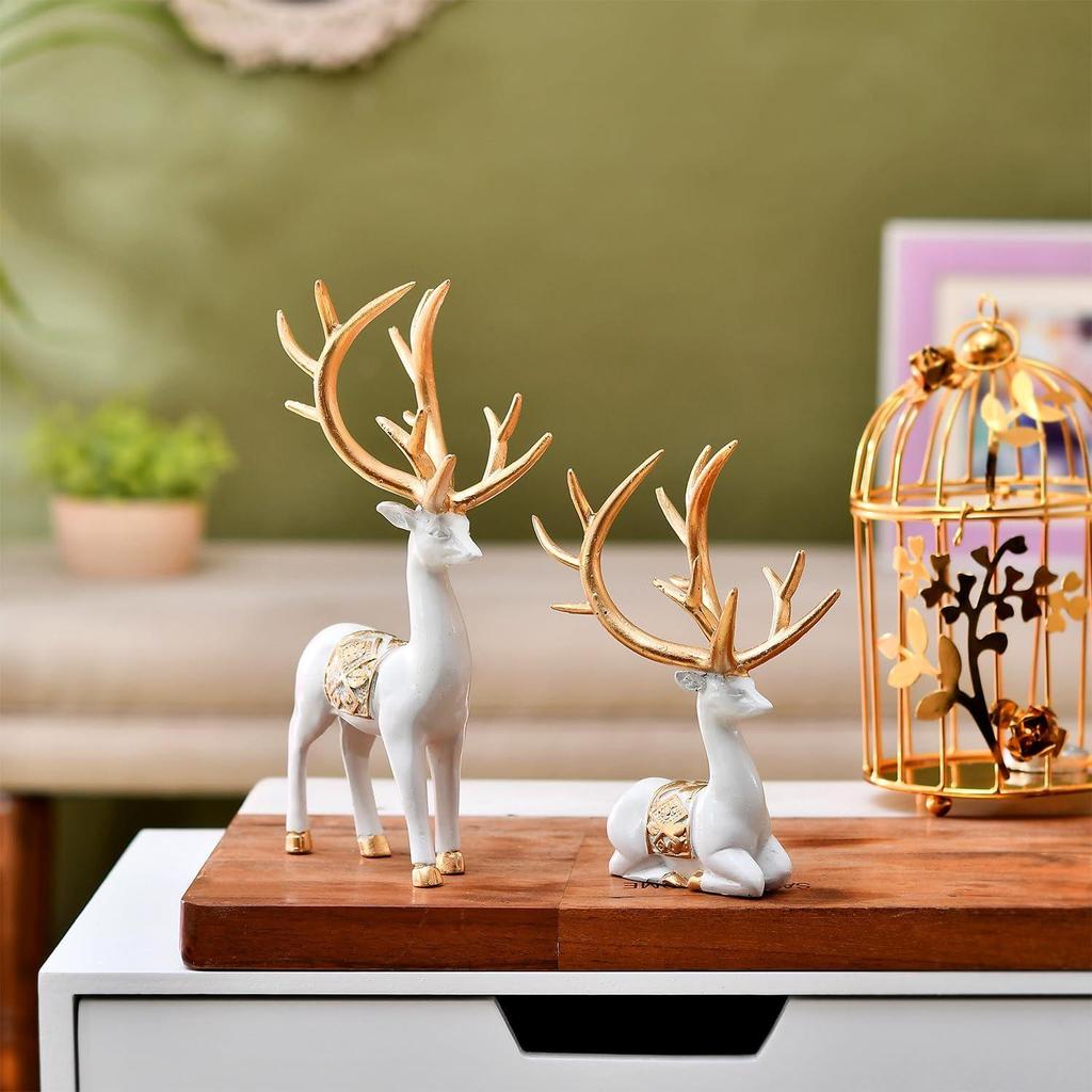 Charming Polyresin Reindeer Décor | A Timeless Token of Grace & Good Luck | Elevate Your Festive & Everyday Spaces – Pack of 2, White & Golden