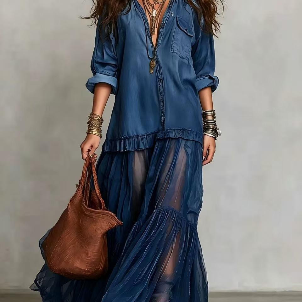 European and American Style Popular Women's Retro Lapel Imitation Denim Dress Casual