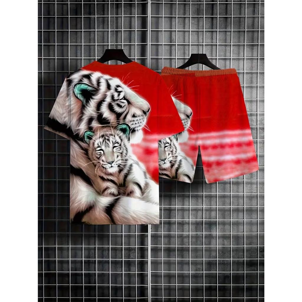 3D Printed Two-piece Set of Short Sleeved Shorts with Printed Design for Children's Tiger Hugging Cubs