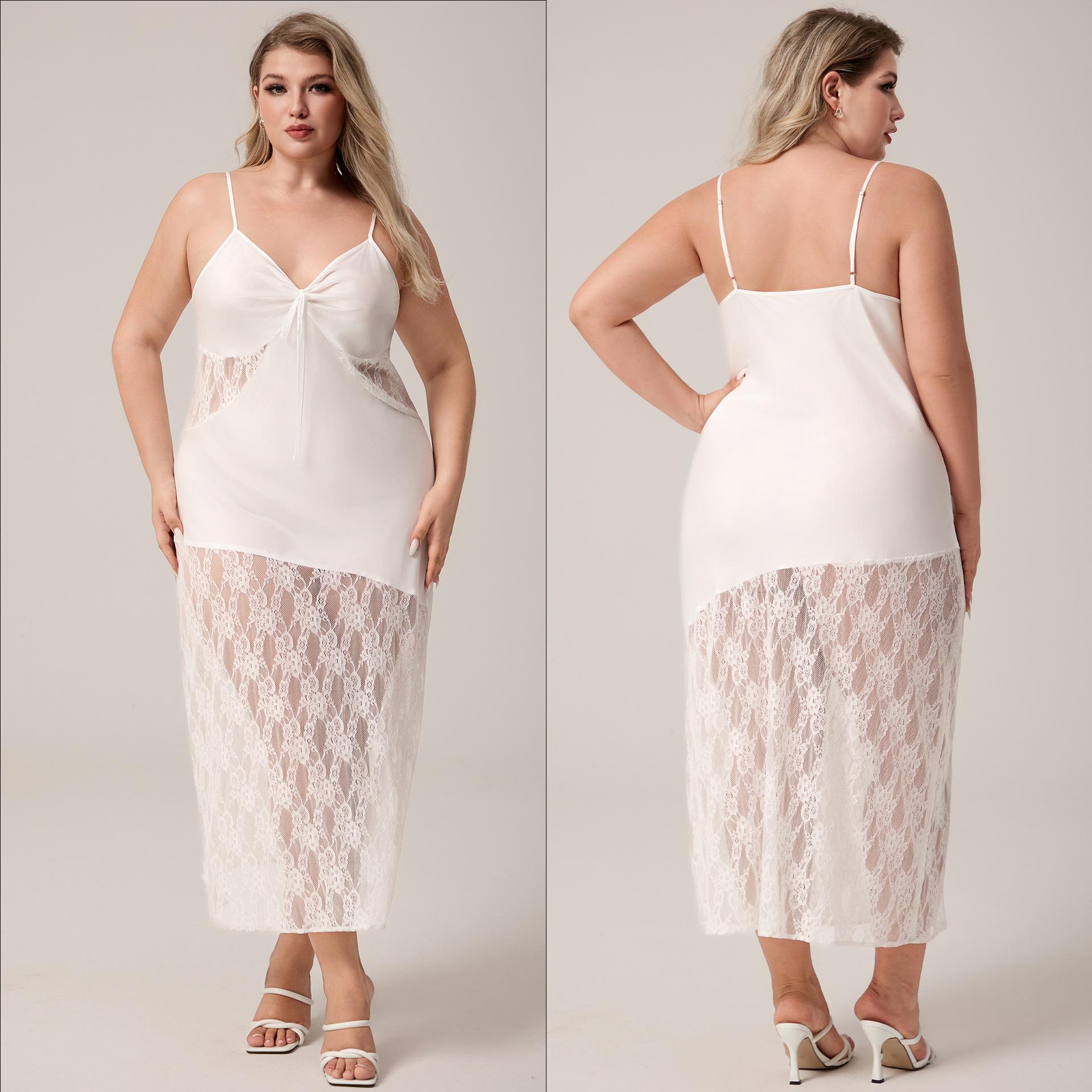 

Яотин Плюс Сайз Кружевной Пэчворк Ночная Сорочка из Ледяного Шелка 1XL белый