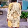 Women Plus Size V Neck Long Sleeve Yellow Brown Printed Fitted Straight Dress