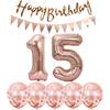 2 Balloons Number 15+ Haappy Birthday Garland + Rose Gold Banner Foil Balloon 15th Decoration+5 Confetti Boy Girl 15 Year Decoration