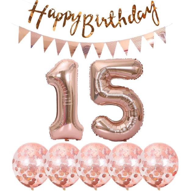 2 Balloons Number 15+ Haappy Birthday Garland + Rose Gold Banner Foil Balloon 15th Decoration+5 Confetti Boy Girl 15 Year Decoration