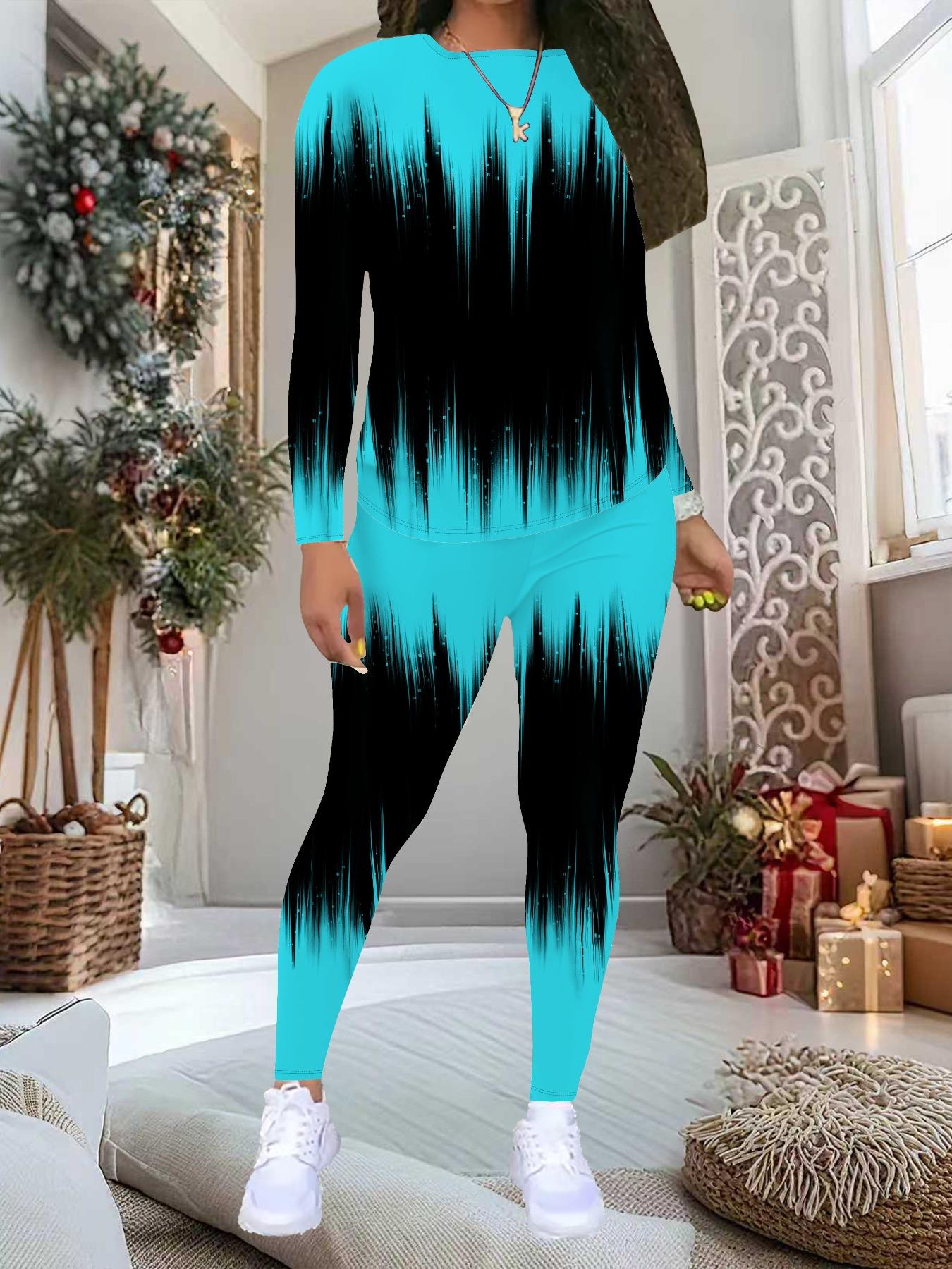 

Women s Print 2-Piece Outfit: Long Sleeve Crew Neck Top & Pants, Holiday Limited Casual Party Gift Suit XXL синій