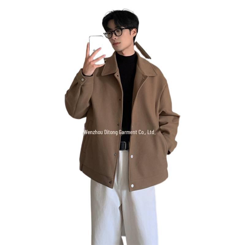 Men’s Gray Turn-Down Collar Wool Coat - Autumn Korean Style, Loose Fit