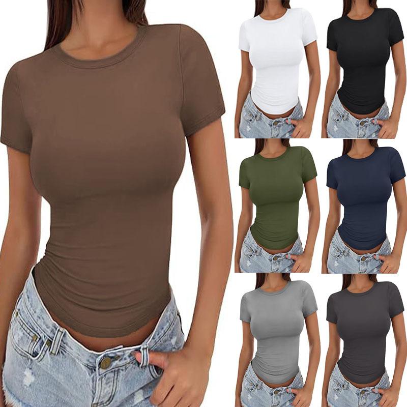 T-shirt da donna marrone tinta unita con scollo rotondo, maniche corte, vestibilità aderente, orlo curvo