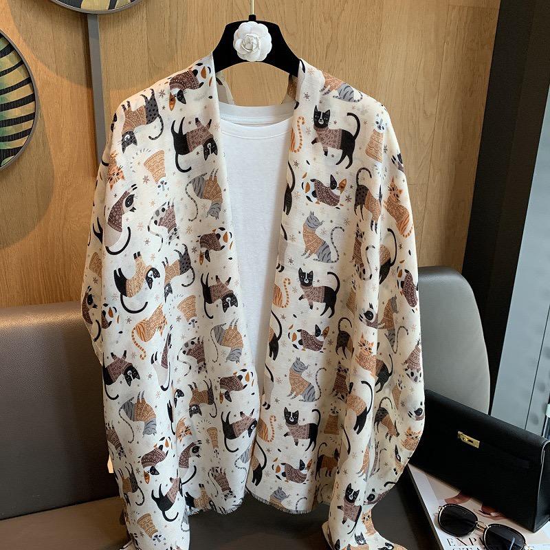 Winter Cartoon Cute Cat Pattern Fringe Viscose Shawl Scarf Lady High Quality Thick Wrap Pashmina Stole Bufandas Muslim Hijab New