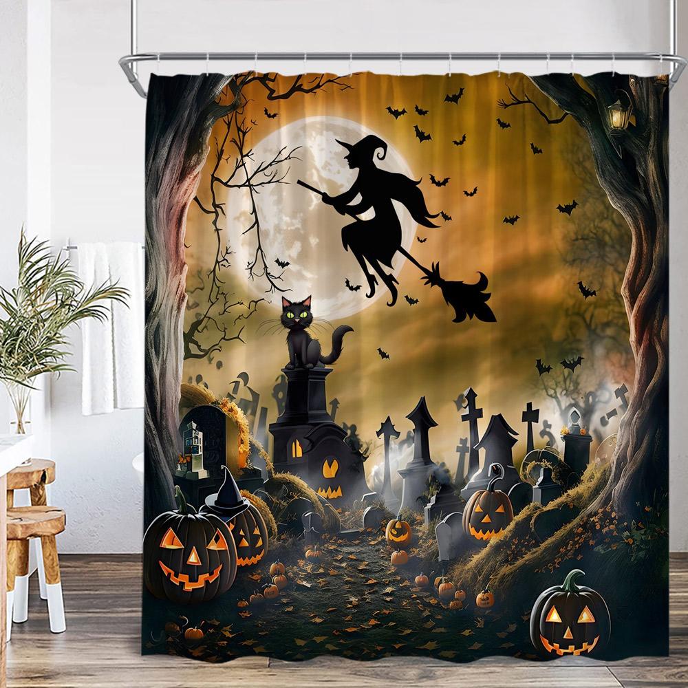 Haunted House Halloween Shower Curtain Full Moon Night Graveyard Pumpkin Lantern Gothic Castle Bathroom Decor Retro Bath Curtain