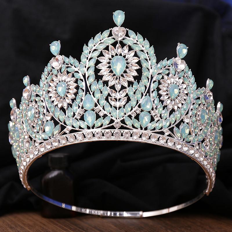 Luxury Royal Queen Green Wedding Crown Rhinestone Big Tiara Party Show Hair Jewelry for Pageant High Diadem Bridal Gifts