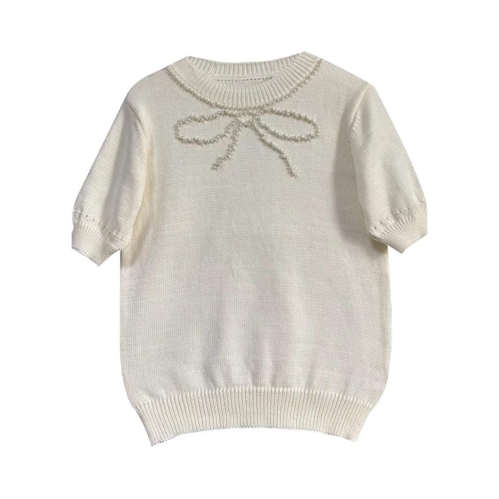 Women's Solid Color Bow Rhinestone Slim Fit Short Sleeve T-shirt Summer Casual Top for European American Cross-border