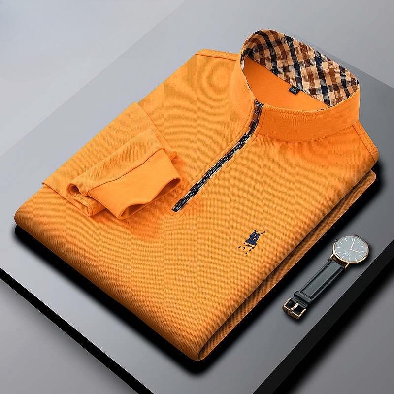 TrendHub Men's Embroidered Half Zipper T-shirt High End Brand Autumn Winter Leisure Fashion Comfort Long Sleeved Stand up Collar T-Shirt