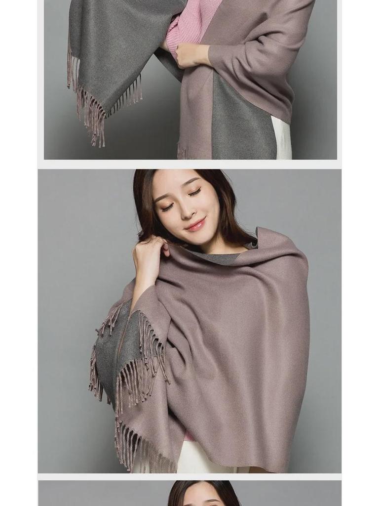 Dámská oboustranná kašmírová šála: Dvoubarevný, Králičí vlna, Teplý šál, Dvojúčelový, Univerzální, Korejský střapec, Zima